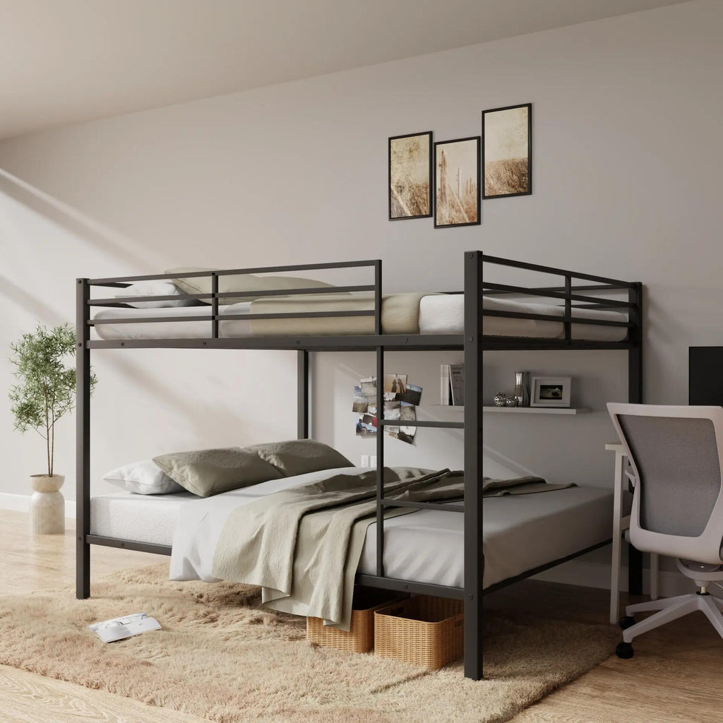 Full Over Full Bunk Bed, Heavy Duty Metal Bunk Bed Frame with Built-in Ladder and Safety Guard Rail