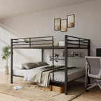 Full Over Full Bunk Bed, Heavy Duty Metal Bunk Bed Frame with Built-in Ladder and Safety Guard Rail