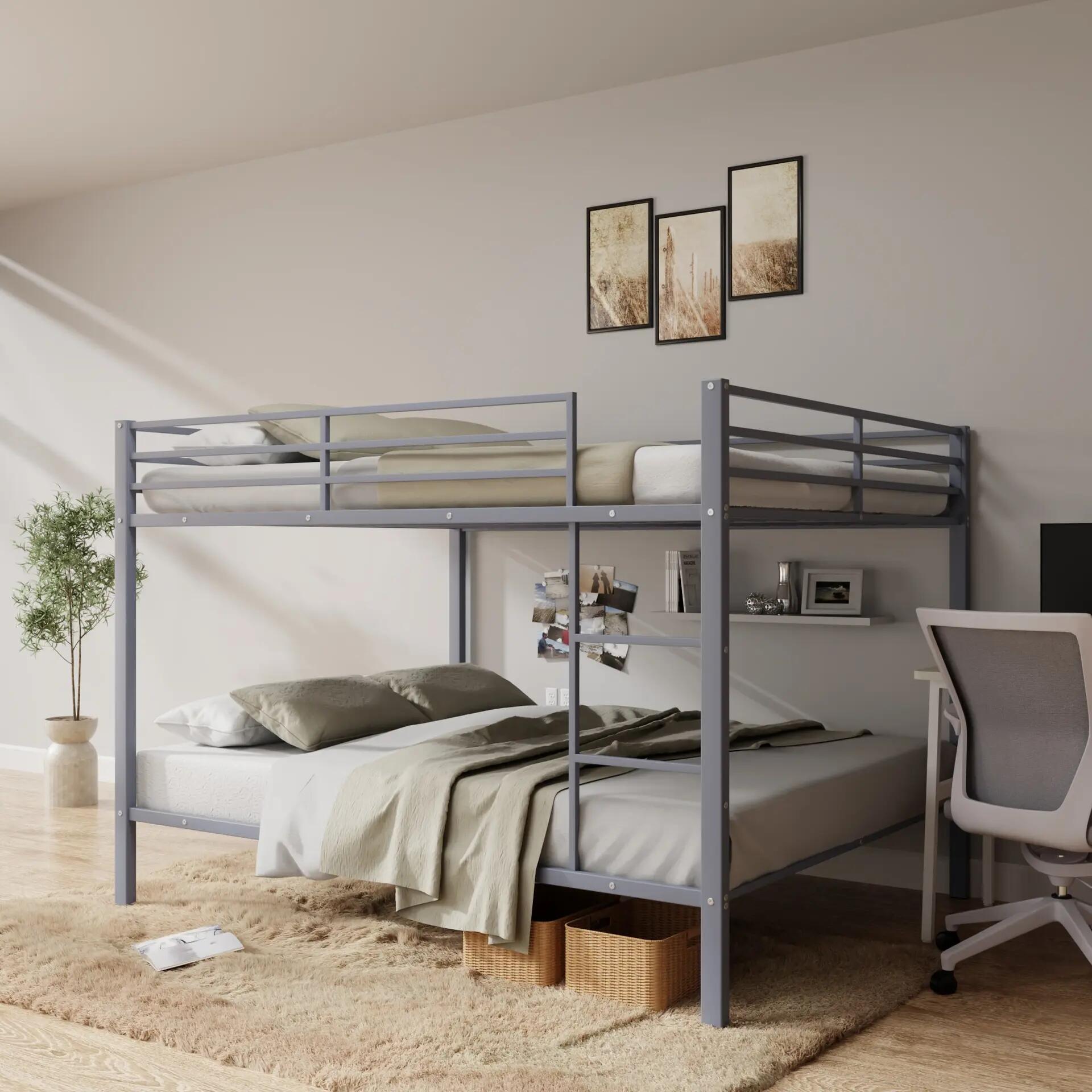 Full Over Full Bunk Bed, Heavy Duty Metal Bunk Bed Frame with Built-in Ladder and Safety Guard Rail