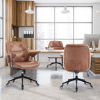 Home Office Desk Chair Retro Faux Leather Chair with Lumbar Support &Rubber Wheels