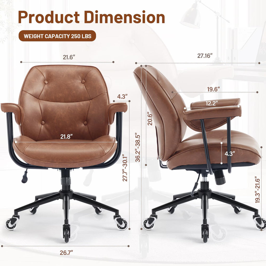 Home Office Desk Chair Retro Faux Leather Chair with Lumbar Support &Rubber Wheels