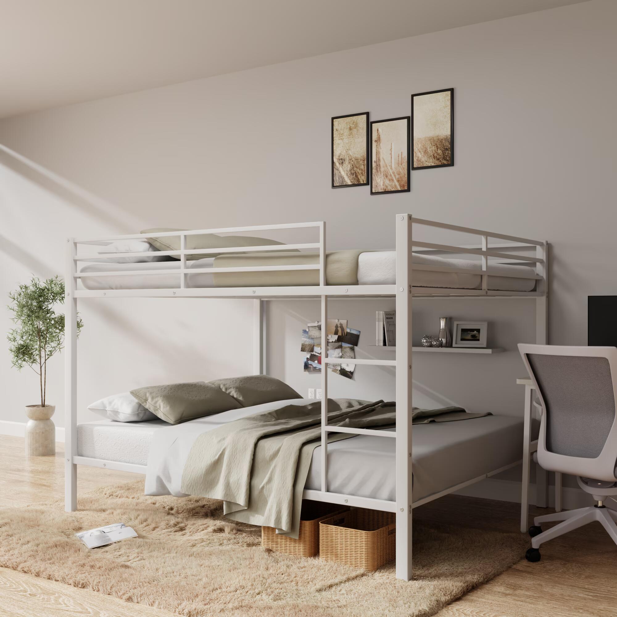 Full Over Full Bunk Bed, Heavy Duty Metal Bunk Bed Frame with Built-in Ladder and Safety Guard Rail