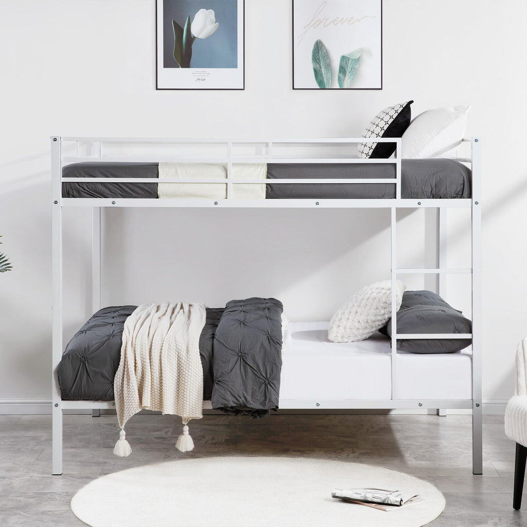 Full Over Full Bunk Bed, Heavy Duty Metal Bunk Bed Frame with Built-in Ladder and Safety Guard Rail