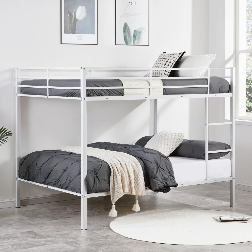 Full Over Full Bunk Bed, Heavy Duty Metal Bunk Bed Frame with Built-in Ladder and Safety Guard Rail