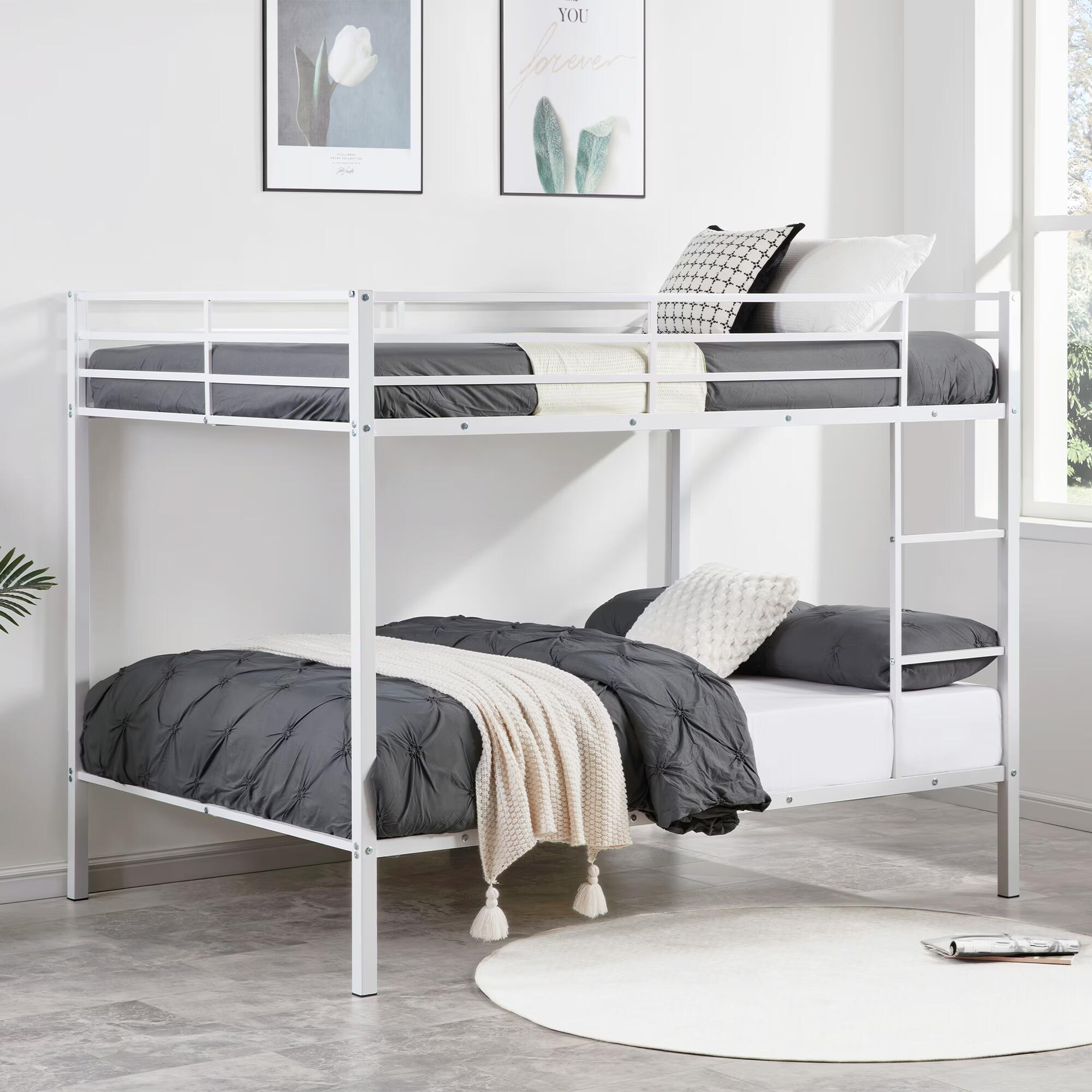 Full Over Full Bunk Bed, Heavy Duty Metal Bunk Bed Frame with Built-in Ladder and Safety Guard Rail