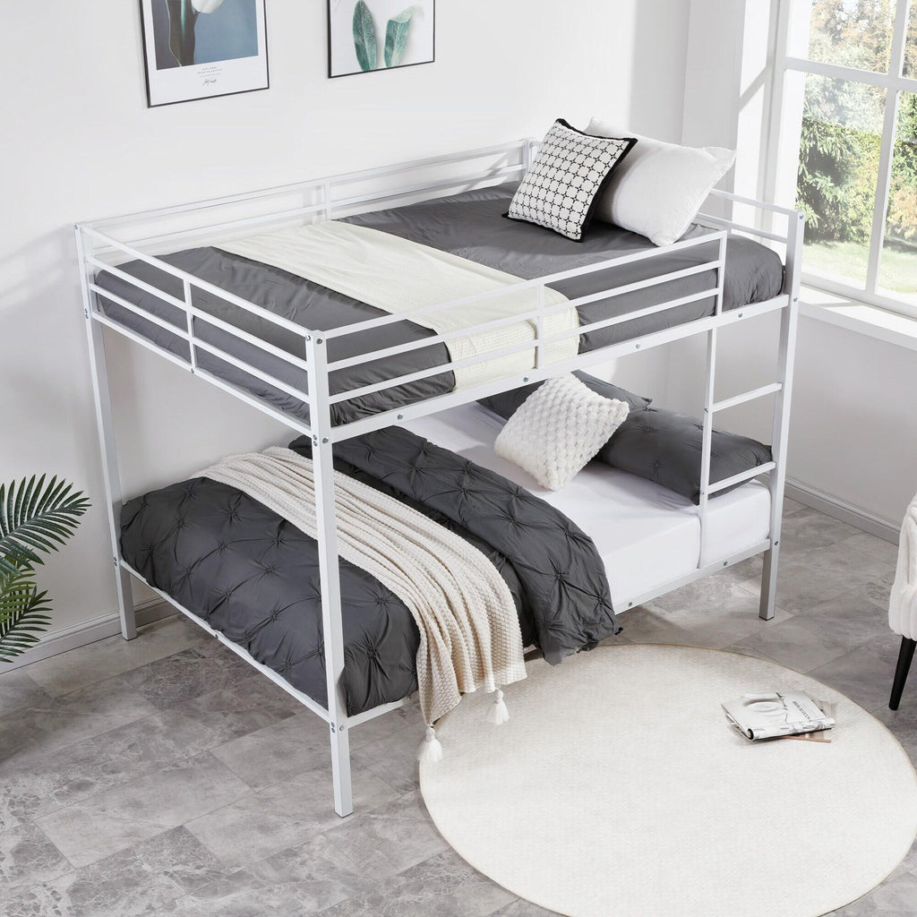 Full Over Full Bunk Bed, Heavy Duty Metal Bunk Bed Frame with Built-in Ladder and Safety Guard Rail