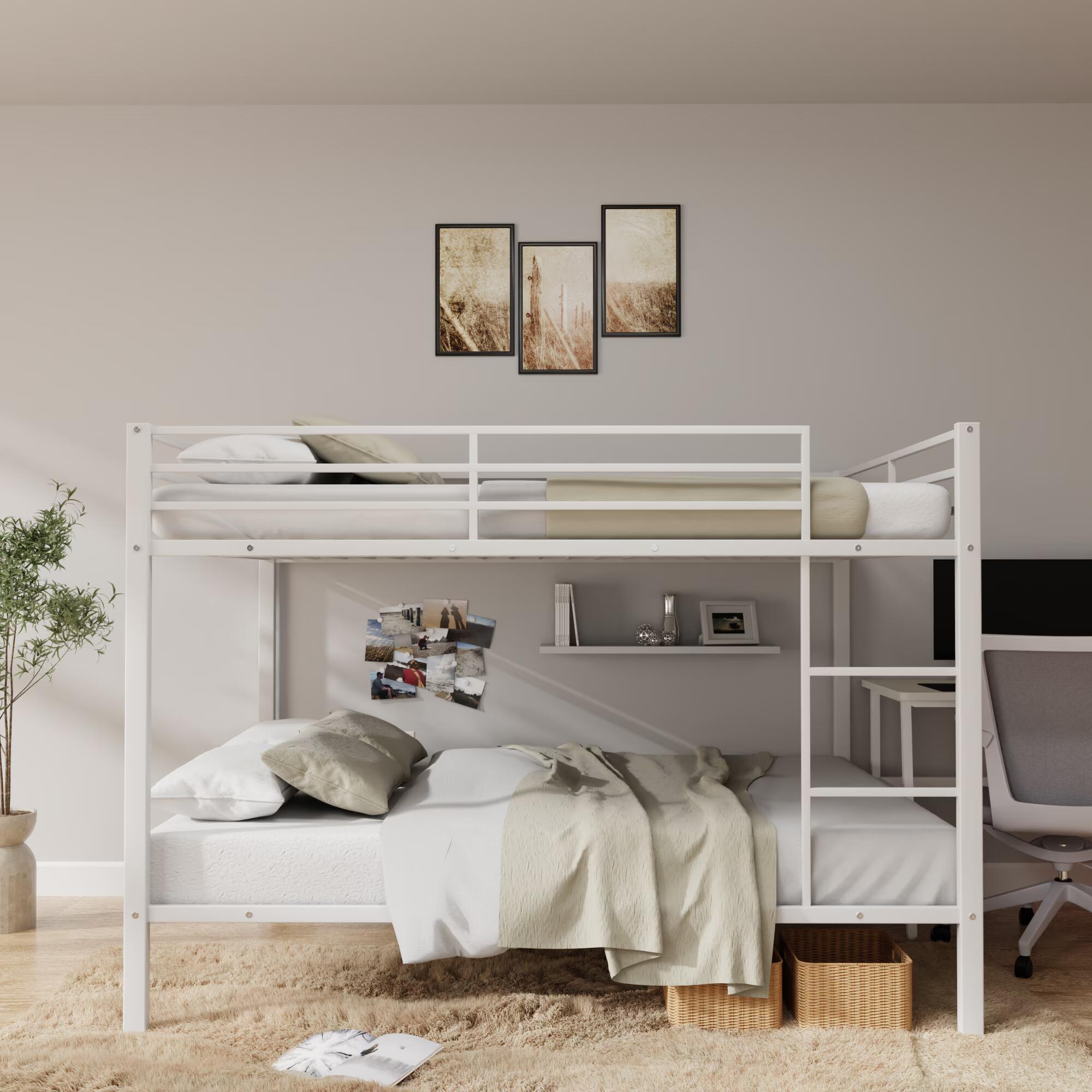 Full Over Full Bunk Bed, Heavy Duty Metal Bunk Bed Frame with Built-in Ladder and Safety Guard Rail