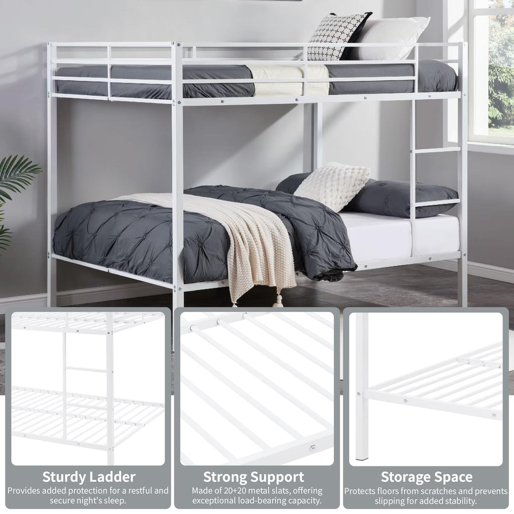 Full Over Full Bunk Bed, Heavy Duty Metal Bunk Bed Frame with Built-in Ladder and Safety Guard Rail