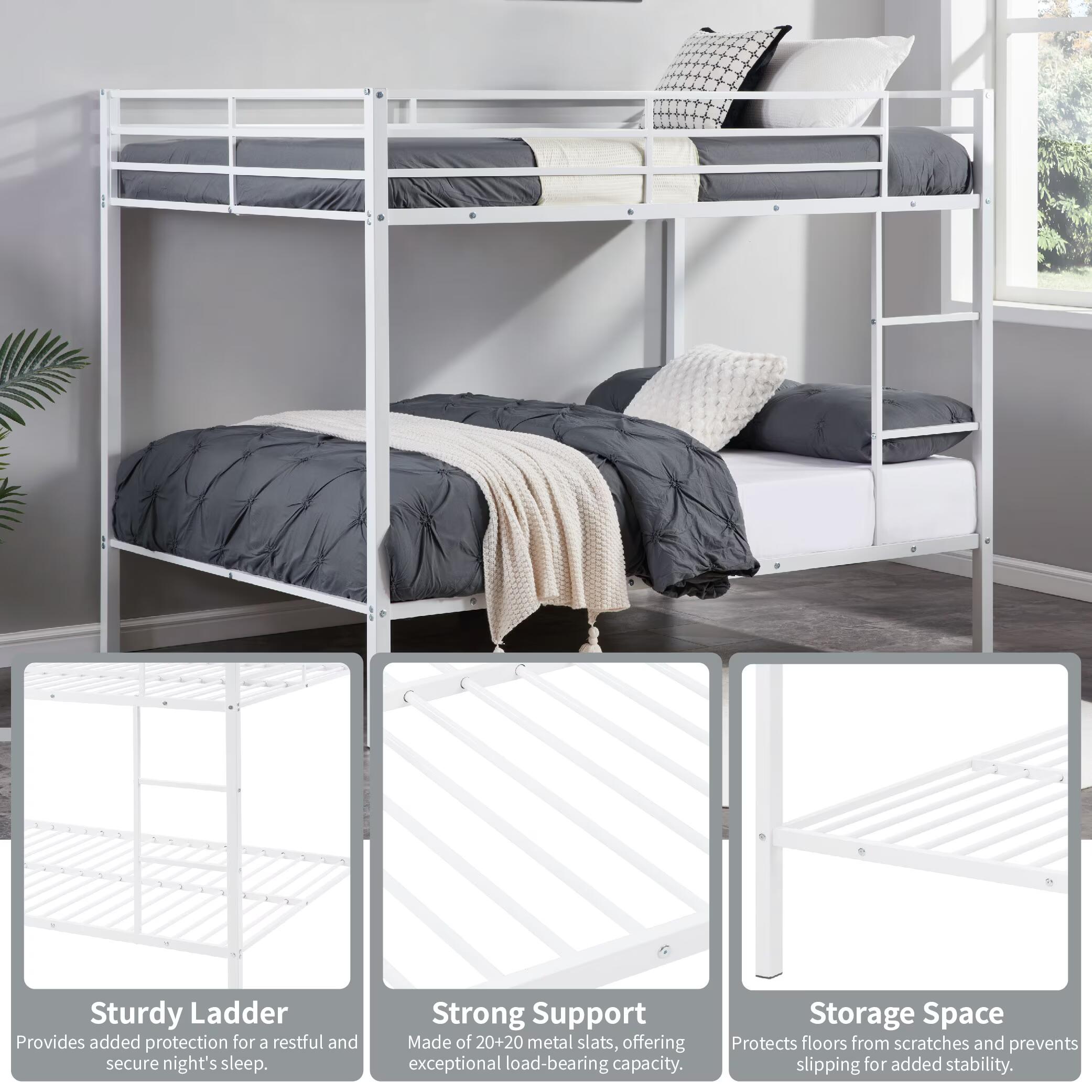 Full Over Full Bunk Bed, Heavy Duty Metal Bunk Bed Frame with Built-in Ladder and Safety Guard Rail