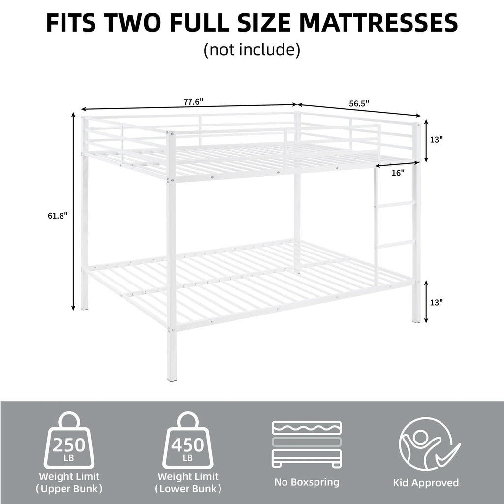 Full Over Full Bunk Bed, Heavy Duty Metal Bunk Bed Frame with Built-in Ladder and Safety Guard Rail