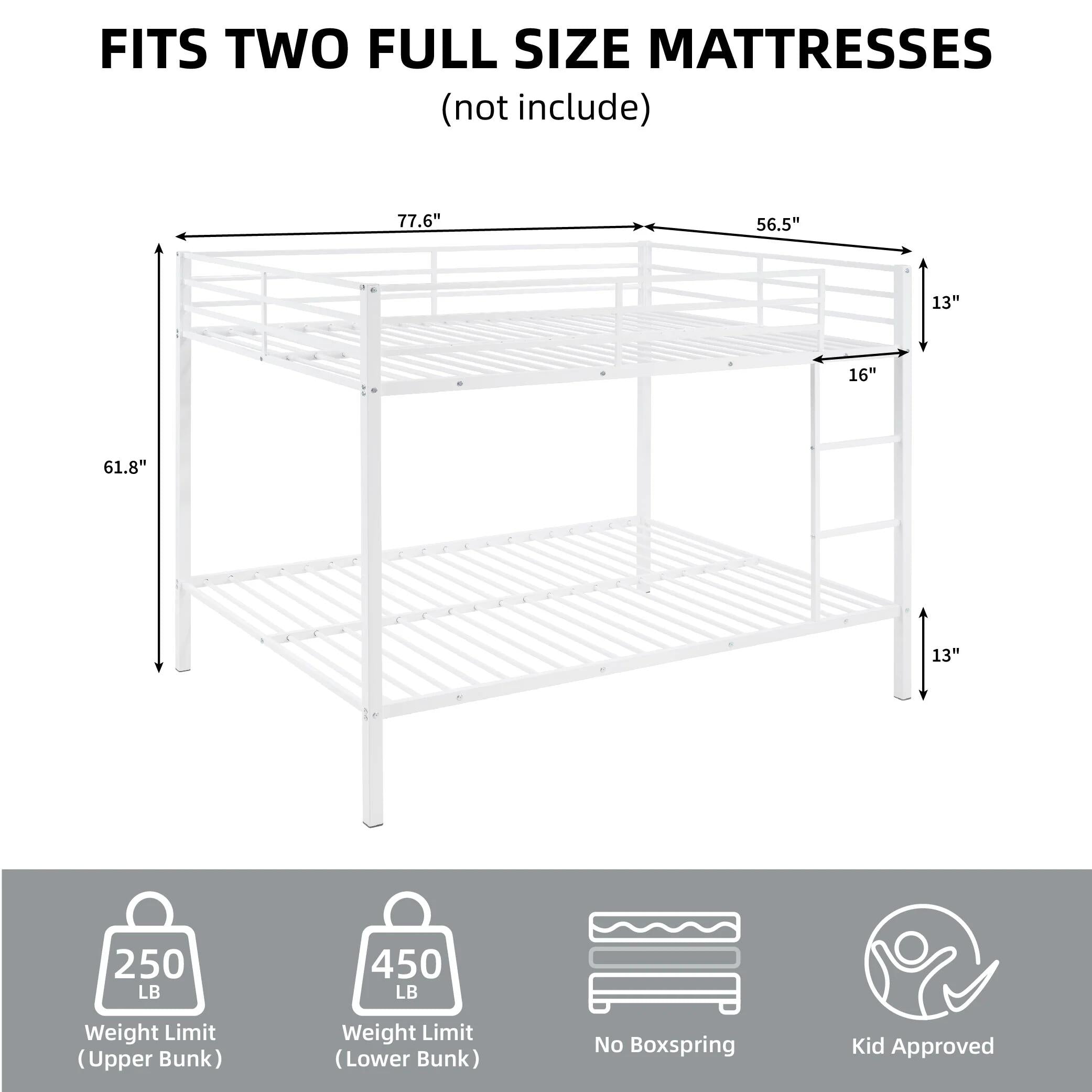 Full Over Full Bunk Bed, Heavy Duty Metal Bunk Bed Frame with Built-in Ladder and Safety Guard Rail