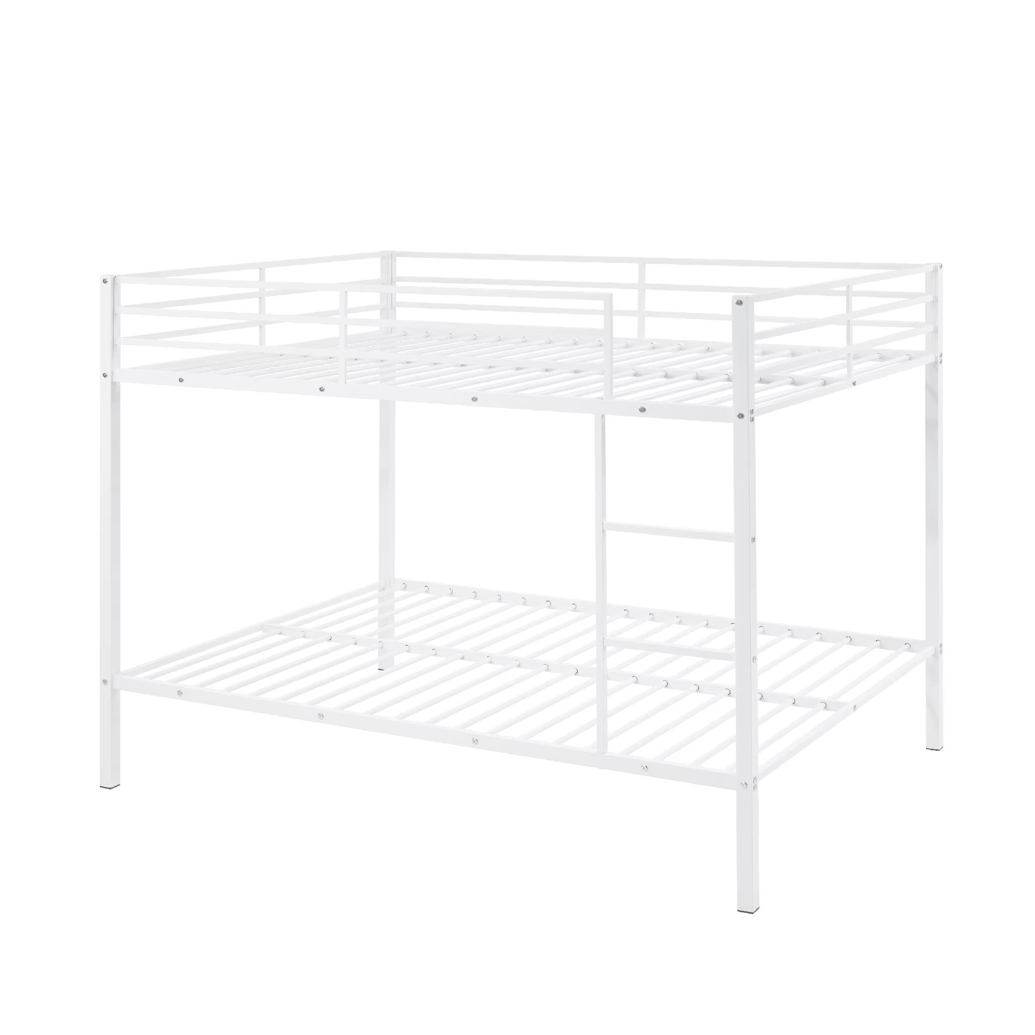 Full Over Full Bunk Bed, Heavy Duty Metal Bunk Bed Frame with Built-in Ladder and Safety Guard Rail